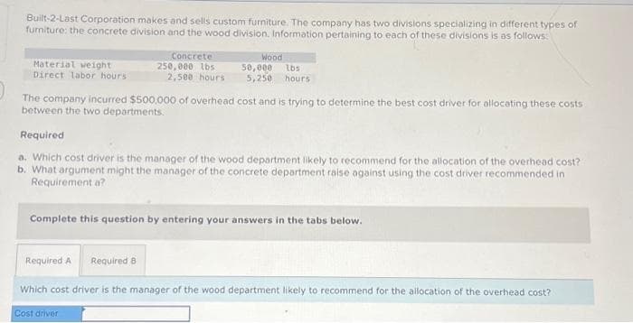 Built-2-Last Corporation makes and sells custom furniture. The company has two divisions specializing in different types of
furniture: the concrete division and the wood division. Information pertaining to each of these divisions is as follows:
Material weight
Direct labor hours
Concrete
Wood
250,000 lbs 50,000 lbs
2,500 hours 5,250 hours
The company incurred $500,000 of overhead cost and is trying to determine the best cost driver for allocating these costs
between the two departments.
Required
a. Which cost driver is the manager of the wood department likely to recommend for the allocation of the overhead cost?
b. What argument might the manager of the concrete department raise against using the cost driver recommended in
Requirement a?
Complete this question by entering your answers in the tabs below.
Required A Required B
Which cost driver is the manager of the wood department likely to recommend for the allocation of the overhead cost?
Cost driver