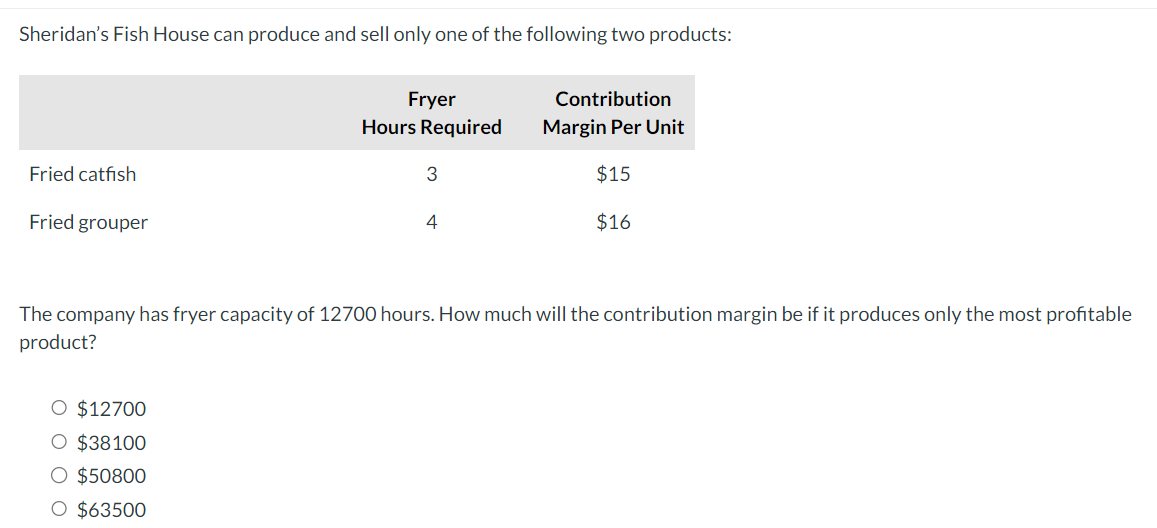 Sheridan's Fish House can produce and sell only one of the following two products:
Fried catfish
Fried grouper
Fryer
Hours Required
O $12700
O $38100
O $50800
O $63500
3
4
Contribution
Margin Per Unit
$15
$16
The company has fryer capacity of 12700 hours. How much will the contribution margin be if it produces only the most profitable
product?