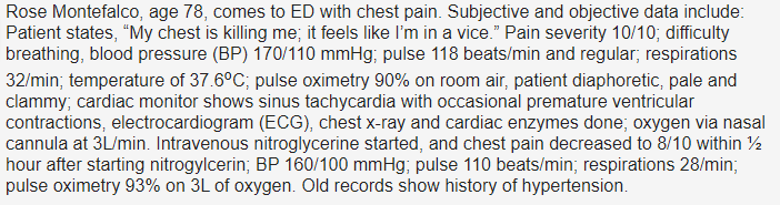 Rose Montefalco, age 78, comes to ED with chest pain. Subjective and objective data include:
Patient states, “My chest is killing me; it feels like l'm in a vice." Pain severity 10/10; difficulty
breathing, blood pressure (BP) 170/110 mmHg; pulse 118 beats/min and regular; respirations
32/min; temperature of 37.6°C; pulse oximetry 90% on room air, patient diaphoretic, pale and
clammy; cardiac monitor shows sinus tachycardia with occasional premature ventricular
contractions, electrocardiogram (ECcG), chest x-ray and cardiac enzymes done; oxygen via nasal
cannula at 3L/min. Intravenous nitroglycerine started, and chest pain decreased to 8/10 within 2
hour after starting nitrogylcerin; BP 160/100 mmHg; pulse 110 beats/min; respirations 28/min;
pulse oximetry 93% on 3L of oxygen. Old records show history of hypertension.
