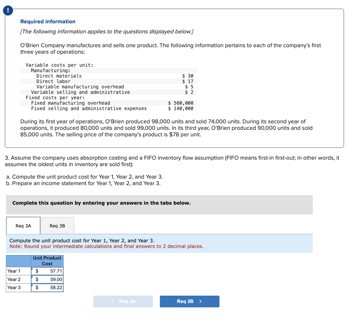 !
Required information
[The following information applies to the questions displayed below.]
O'Brien Company manufactures and sells one product. The following information pertains to each of the company's first
three years of operations:
Variable costs per unit:
Manufacturing:
Direct materials
Direct labor
Variable manufacturing overhead
Variable selling and administrative
Fixed costs per year:
Fixed manufacturing overhead
Fixed selling and administrative expenses
During its first year of operations, O'Brien produced 98,000 units and sold 74,000 units. During its second year of
operations, it produced 80,000 units and sold 99,000 units. In its third year, O'Brien produced 90,000 units and sold
85,000 units. The selling price of the company's product is $78 per unit.
a. Compute the unit product cost for Year 1, Year 2, and Year 3.
b. Prepare an income statement for Year 1, Year 2, and Year 3.
Year 1
Year 2
Year 3
3. Assume the company uses absorption costing and a FIFO inventory flow assumption (FIFO means first-in first-out; in other words, it
assumes the oldest units in inventory are sold first):
Req 3A
Complete this question by entering your answers in the tabs below.
Req 3B
$30
$ 17
$5
$2
Compute the unit product cost for Year 1, Year 2, and Year 3.
Note: Round your intermediate calculations and final answers to 2 decimal places.
Unit Product
Cost
$
$
$
$ 560,000
$ 140,000
57.71
59.00
58.22
< Req 3A
Req 3B >