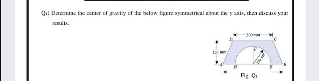 Q1) Determine the center of gravity of the below figure symmetrical about the y axis, then discuss your
results.
300 mm
D
150 mm
E
Fig. Qı.
