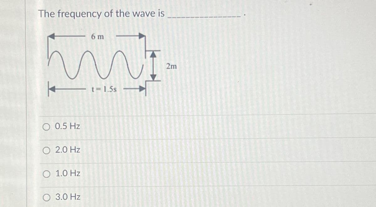 The frequency of the wave is
6 m
hiv
n
+ ← t = 1.5s
O 0.5 Hz
O 2.0 Hz
O 1.0 Hz
O 3.0 Hz
-
2m