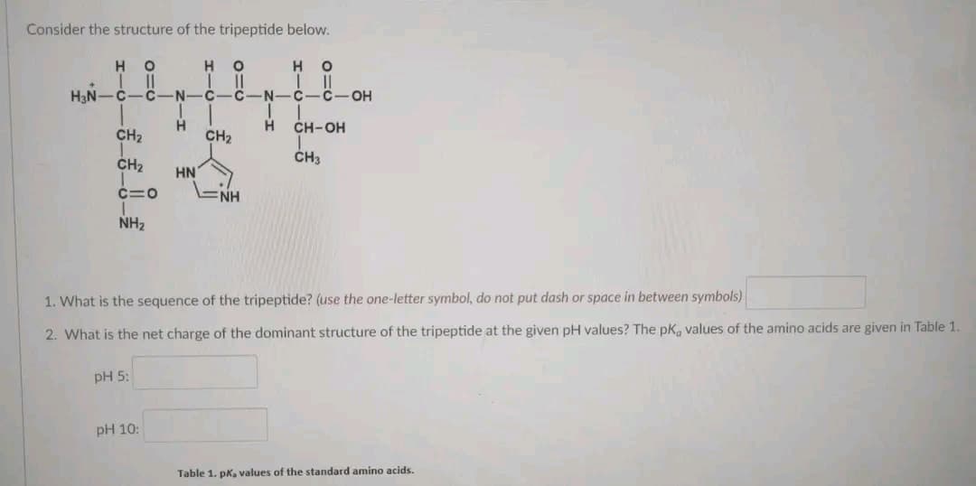 Consider the structure of the tripeptide below.
H O
11
H₂N-C-C-N-C-c-
CH₂
CH₂
C=0
NH₂
pH 5:
Z-I
pH 10:
H
HN
H O
11
CH₂
NH
HIC-
I-Z
0=6
-N-C-C-OH
1. What is the sequence of the tripeptide? (use the one-letter symbol, do not put dash or space in between symbols)
2. What is the net charge of the dominant structure of the tripeptide at the given pH values? The pK, values of the amino acids are given in Table 1.
CH-OH
T
CH3
Table 1. pk, values of the standard amino acids.