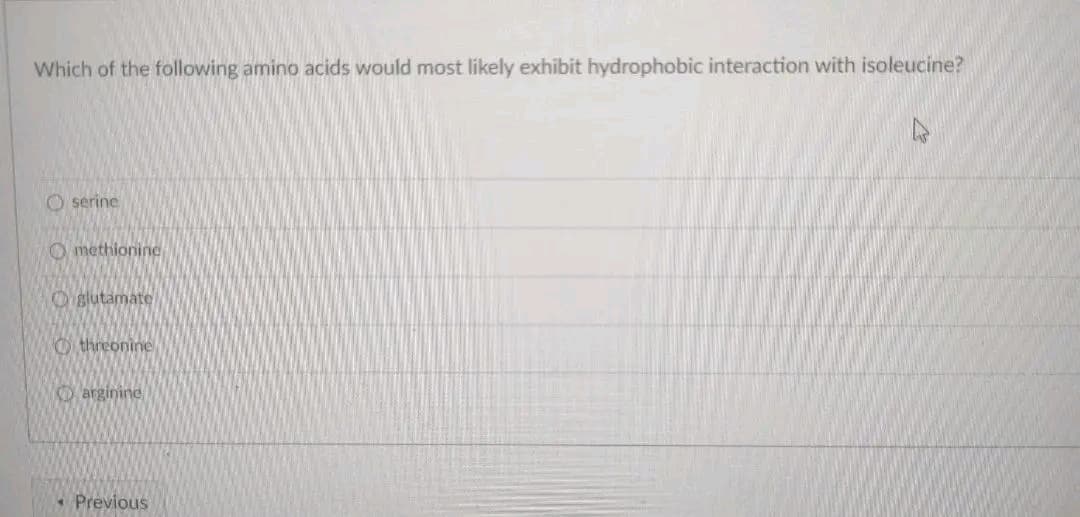 Which of the following amino acids would most likely exhibit hydrophobic interaction with isoleucine?
Oserine
Omethionine
Oglutamate
threonine
arginine
Previous
M