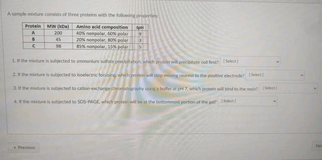 A sample mixture consists of three proteins with the following properties:
Protein
A
MW (kDa)
200
Amino acid composition
40% nonpolar, 60% polar
B
45
20% nonpolar, 80% polar
C
98
85% nonpolar, 15% polar
IpH
9
3
5
1. If the mixture is subjected to ammonium sulfate precipitation, which protein will precipitate out first? [Select]
2. If the mixture is subjected to isoelectric focusing, which protein will stop moving nearest to the positive electrode? [Select]
3. If the mixture is subjected to cation-exchange chromatography using a buffer at pH 7, which protein will bind to the resin? [Select]
4. If the mixture is subjected to SDS-PAGE, which protein will be at the bottommost portion of the gel? [Select]
* Previous
Nex