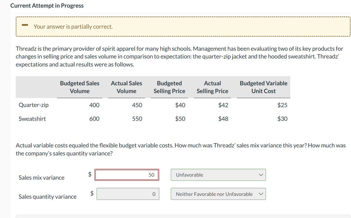 Current Attempt in Progress
-
Your answer is partially correct.
Threadz is the primary provider of spirit apparel for many high schools. Management has been evaluating two of its key products for
changes in selling price and sales volume in comparison to expectation: the quarter-zip jacket and the hooded sweatshirt. Threadz'
expectations and actual results were as follows.
Quarter-zip
Sweatshirt
Budgeted Sales
Volume
Actual Sales
Volume
Budgeted
Selling Price
Actual
Selling Price
Budgeted Variable
Unit Cost
400
450
$40
$42
$25
600
550
$50
$48
$30
Actual variable costs equaled the flexible budget variable costs. How much was Threadz' sales mix variance this year? How much was
the company's sales quantity variance?
Sales mix variance
$
Sales quantity variance
50
Unfavorable
Neither Favorable nor Unfavorable