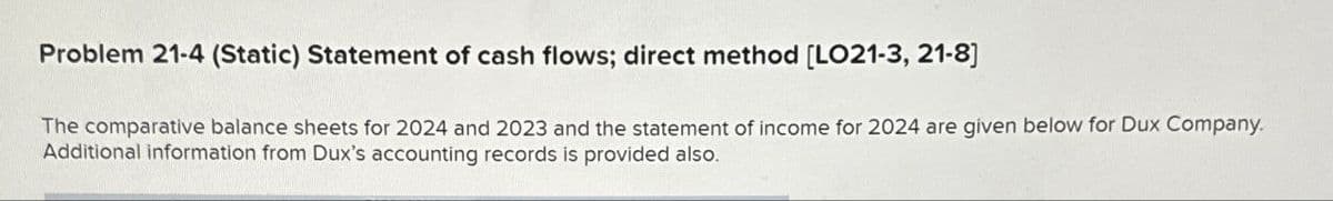 Problem 21-4 (Static) Statement of cash flows; direct method [LO21-3, 21-8]
The comparative balance sheets for 2024 and 2023 and the statement of income for 2024 are given below for Dux Company.
Additional information from Dux's accounting records is provided also.