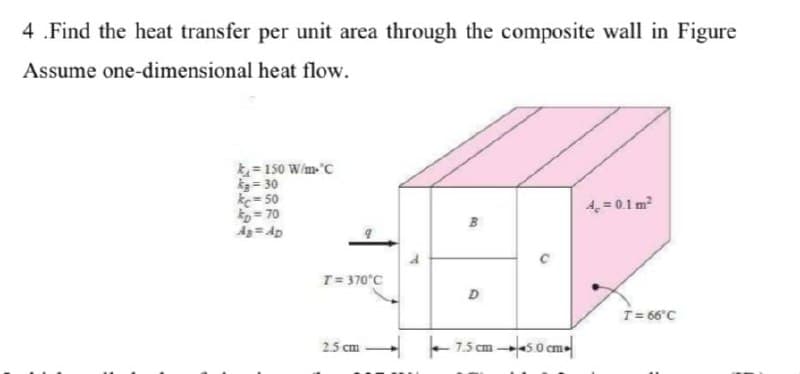 4 .Find the heat transfer per unit area through the composite wall in Figure
Assume one-dimensional
heat flow.
k=150 W/m-"C
kg = 30
k=50
kp=70
Ag = Ap
T = 370°C
2.5 cm
1
A
ROQ
D
7.5 cm45.0 cm.
4, = 0.1 m²
T = 66°C