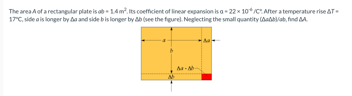 The area A of a rectangular plate is ab = 1.4 m?. Its coefficient of linear expansion is a = 22 x 10° /C°. After a temperature rise AT =
17°C, side a is longer by Aa and side b is longer by Ab (see the figure). Neglecting the small quantity (AaAb)/ab, find AA.
%3D
a
Да
Aa · Ab
Ab
