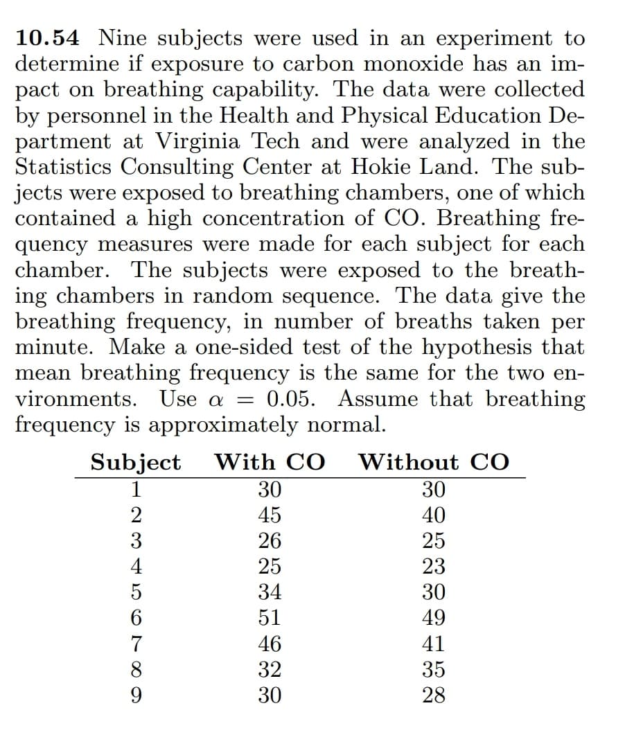 10.54 Nine subjects were used in an experiment to
determine if exposure to carbon monoxide has an im-
pact on breathing capability. The data were collected
by personnel in the Health and Physical Education De-
partment at Virginia Tech and were analyzed in the
Statistics Consulting Center at Hokie Land. The sub-
jects were exposed to breathing chambers, one of which
contained a high concentration of CO. Breathing fre-
quency measures were made for each subject for each
chamber. The subjects were exposed to the breath-
ing chambers in random sequence. The data give the
breathing frequency, in number of breaths taken per
minute. Make a one-sided test of the hypothesis that
mean breathing frequency is the same for the two en-
vironments. Use a
0.05. Assume that breathing
frequency is approximately normal.
Subject
With CO
Without CO
1
30
30
2
45
40
25
3
26
4
25
23
34
30
6.
51
49
7
46
41
8
32
35
9
30
28
