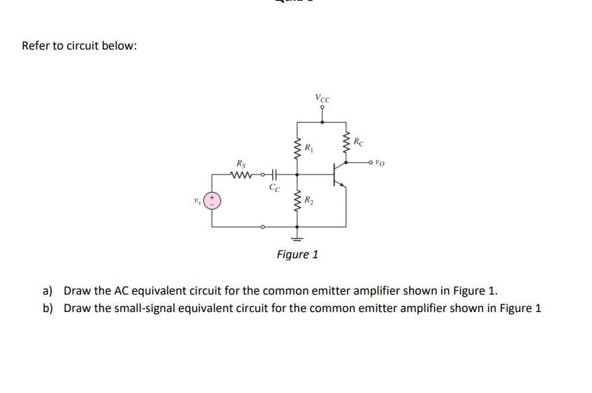 Refer to circuit below:
Vcc
Rs
Cc
R2
Figure 1
a) Draw the AC equivalent circuit for the common emitter amplifier shown in Figure 1.
b) Draw the small-signal equivalent circuit for the common emitter amplifier shown in Figure 1
ww
ww
