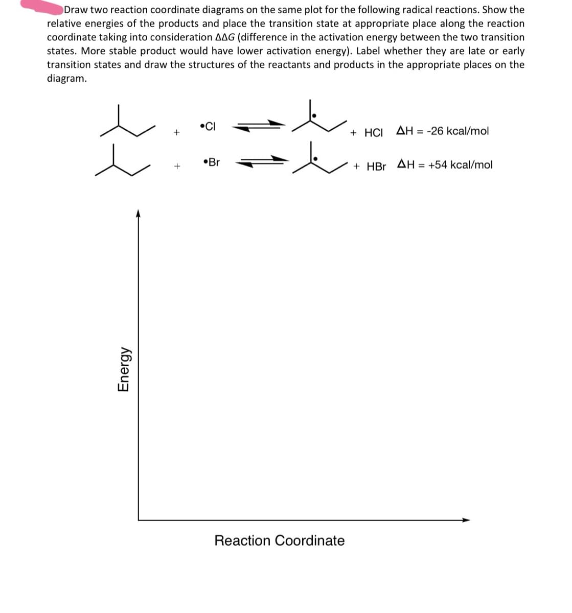 Energy
Draw two reaction coordinate diagrams on the same plot for the following radical reactions. Show the
relative energies of the products and place the transition state at appropriate place along the reaction
coordinate taking into consideration AAG (difference in the activation energy between the two transition
states. More stable product would have lower activation energy). Label whether they are late or early
transition states and draw the structures of the reactants and products in the appropriate places on the
diagram.
소::
+ HCI
AH-26 kcal/mol
+ HBr AH = +54 kcal/mol
Reaction Coordinate