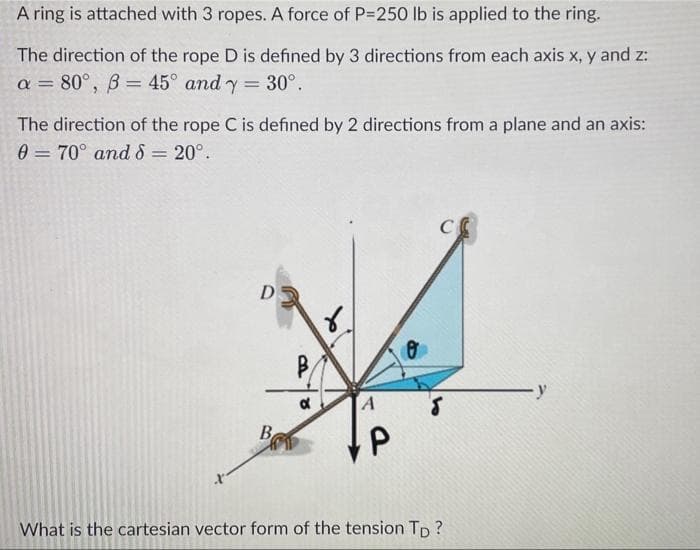 A ring is attached with 3 ropes. A force of P=250 lb is applied to the ring.
The direction of the rope D is defined by 3 directions from each axis x, y and z:
a = 80°, B = 45° and y = 30°.
The direction of the rope C is defined by 2 directions from a plane and an axis:
0 70° and 8 = 20°.
=
X
D
B
B
d
A
0
S
What is the cartesian vector form of the tension Tp ?