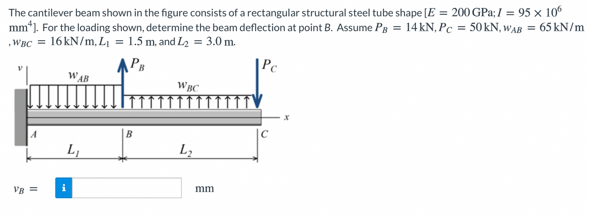 The cantilever beam shown in the figure consists of a rectangular structural steel tube shape [E = 200 GPa;I = 95 × 10°
mm*). For the loading shown, determine the beam deflection at point B. Assume PB = 14 kN, Pc = 50 kN, wAB
65 kN/m
16 kN/m, L1
1.5 m, and L2 = 3.0 m.
,WBC
APB
Pc
WAB
WBC
B
|C
L,
L,
i
mm
VB =
