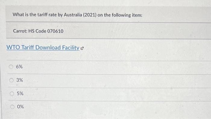 What is the tariff rate by Australia (2021) on the following item:
Carrot: HS Code 070610
WTO Tariff Download Facility
6%
3%
5%
0%