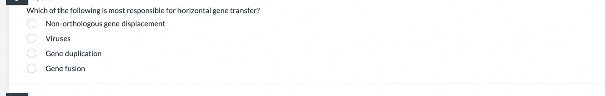Which of the following is most responsible for horizontal gene transfer?
Non-orthologous gene displacement
Viruses
Gene duplication
Gene fusion