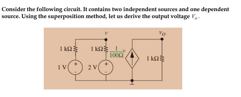Consider the following circuit. It contains two independent sources and one dependent
source. Using the superposition method, let us derive the output voltage V.
1ΚΩΣ
IV
1kΩΣ 1
2 V
10092
vo
ΙΚΩΣ
