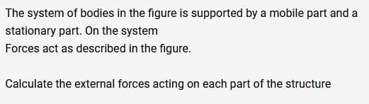 The system of bodies in the figure is supported by a mobile part and a
stationary part. On the system
Forces act as described in the figure.
Calculate the external forces acting on each part of the structure