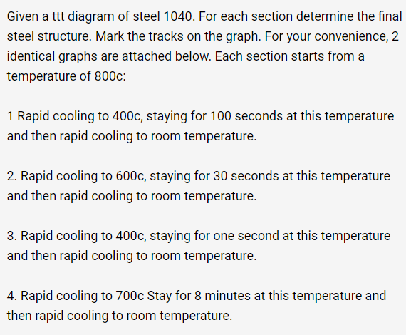 Given a ttt diagram of steel 1040. For each section determine the final
steel structure. Mark the tracks on the graph. For your convenience, 2
identical graphs are attached below. Each section starts from a
temperature of 800c:
1 Rapid cooling to 400c, staying for 100 seconds at this temperature
and then rapid cooling to room temperature.
2. Rapid cooling to 600c, staying for 30 seconds at this temperature
and then rapid cooling to room temperature.
3. Rapid cooling to 400c, staying for one second at this temperature
and then rapid cooling to room temperature.
4. Rapid cooling to 700c Stay for 8 minutes at this temperature and
then rapid cooling to room temperature.