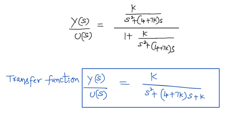 y (s)
U(S)
Transfer function y(s)
U(S)
K
S² (4+7k)s
K
It
5²+(4+7K)S
K
s²+ (4+7k) S+k