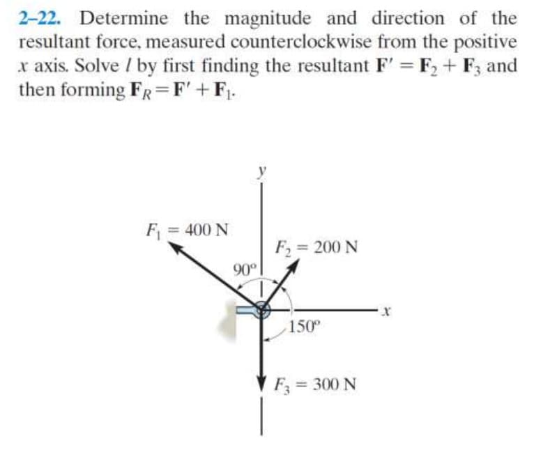 2-22. Determine the magnitude and direction of the
resultant force, measured counterclockwise from the positive
x axis. Solve / by first finding the resultant F' = F₂+ F3 and
then forming FR=F' + F₁.
F₁ = 400 N
y
90°
F₂ = 200 N
150°
F3 = 300 N
X