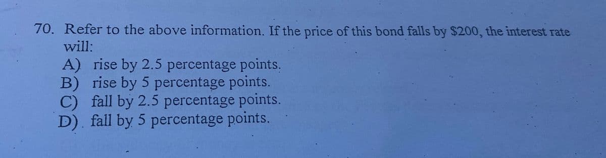 70. Refer to the above information. If the price of this bond falls by $200, the interest rate
will:
A) rise by 2.5 percentage points.
B) rise by 5 percentage points.
C) fall by 2.5 percentage points.
D). fall by 5 percentage points.