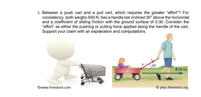 3. Between a push cart and a pull cart, which requires the greater "effort"? For
consistency, both weighs 500 N, has a handle bar inclined 30° above the horizontal
and a coefficient of sliding friction with the ground surface of 0.30. Consider the
"effort" as either the pushing or pulling force applied along the handle of the cart.
Support your claim with an explanation and computations.
30
d (30 m)
©www.freestock.com
phys.libretexts.org
