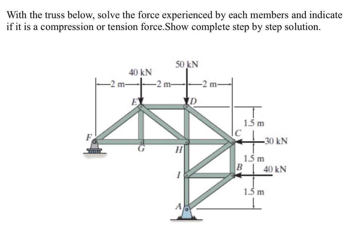 With the truss below, solve the force experienced by each members and indicate
if it is a compression or tension force.Show complete step by step solution.
F
-וח
40 kN
ΕΠ
-2 m-
50 kN
H
I
1.5 m
B
-30 kN
1.5 m
40 kN
1.5 m
