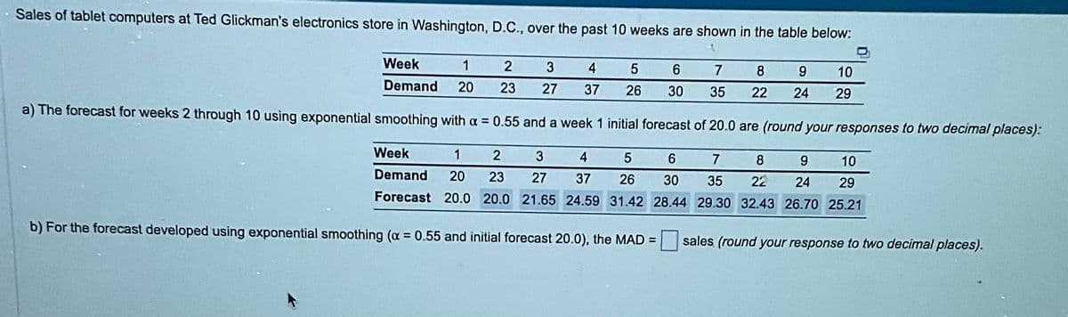 Sales of tablet computers at Ted Glickman's electronics store in Washington, D.C., over the past 10 weeks are shown in the table below:
1
Week
Demand
1
20
2 3 4
23 27 37
a) The forecast for weeks 2 through 10 using exponential smoothing with a = 0.55 and a week 1 initial forecast of 20.0 are (round your responses to two decimal places):
7
8
9
10
Week
1 2 3 4 5
Demand 20 23 27 37 26
Forecast 20.0 20.0 21.65 24.59 31.42
59 31.42 28
6
30
28.44
35 22 24 29
29.30 32.43 26.70 25.21
b) For the forecast developed using exponential smoothing (α = 0.55 and initial forecast 20.0), the MAD = sales (round your response to two decimal places).
5
26
6
30
7
8
9
35 22 24
10
29