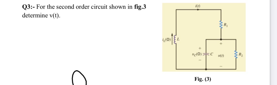 i(r)
Q3:- For the second order circuit shown in fig.3
determine v(t).
R
R2
v(1)
Fig. (3)
