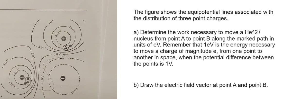 - 5.0V
10.0 V
20.0 V
5.0 V
20.0 V
3.0 V
0.0 V
-15.0 V
10.0 V
The figure shows the equipotential lines associated with
the distribution of three point charges.
a) Determine the work necessary to move a He^2+
nucleus from point A to point B along the marked path in
units of eV. Remember that 1eV is the energy necessary
to move a charge of magnitude e, from one point to
another in space, when the potential difference between
the points is 1V.
b) Draw the electric field vector at point A and point B.