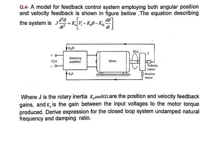 Q.4- A model for feedback control system employing both angular position
and velocity feedback is shown in figure bellow .The equation describing
d²0
do
di
the system is J
di²
-
=
• K.[V₁-K₁0.
K₂0-Ka
((1)
Summing
V,(r)
Motor
白口食
amplifier
Velocity
sensor
K₂8
Position
sensor
Where J is the rotary inertia KandK are the position and velocity feedback
gains, and K, is the gain between the input voltages to the motor torque
produced. Derive expression for the closed loop system undamped natural
frequency and damping ratio.