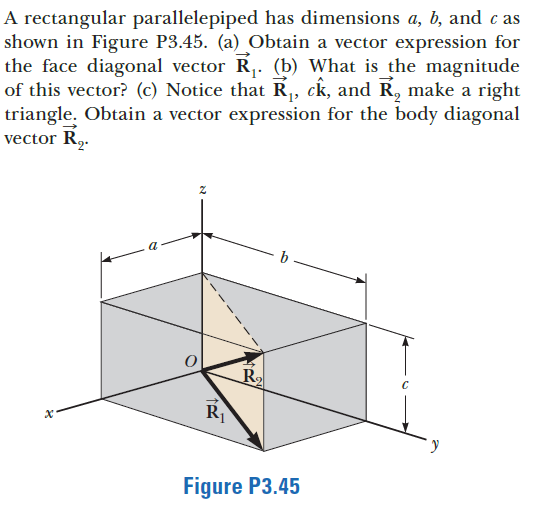 A rectangular parallelepiped has dimensions a, b, and c as
shown in Figure P3.45. (a) Obtain a vector expression for
the face diagonal vector R,. (b) What is the magnitude
of this vector? (c) Notice that R, ck, and R, make a right
triangle. Obtain a vector expression for the body diagonal
vector R2.
b
Ro
R1
Figure P3.45
