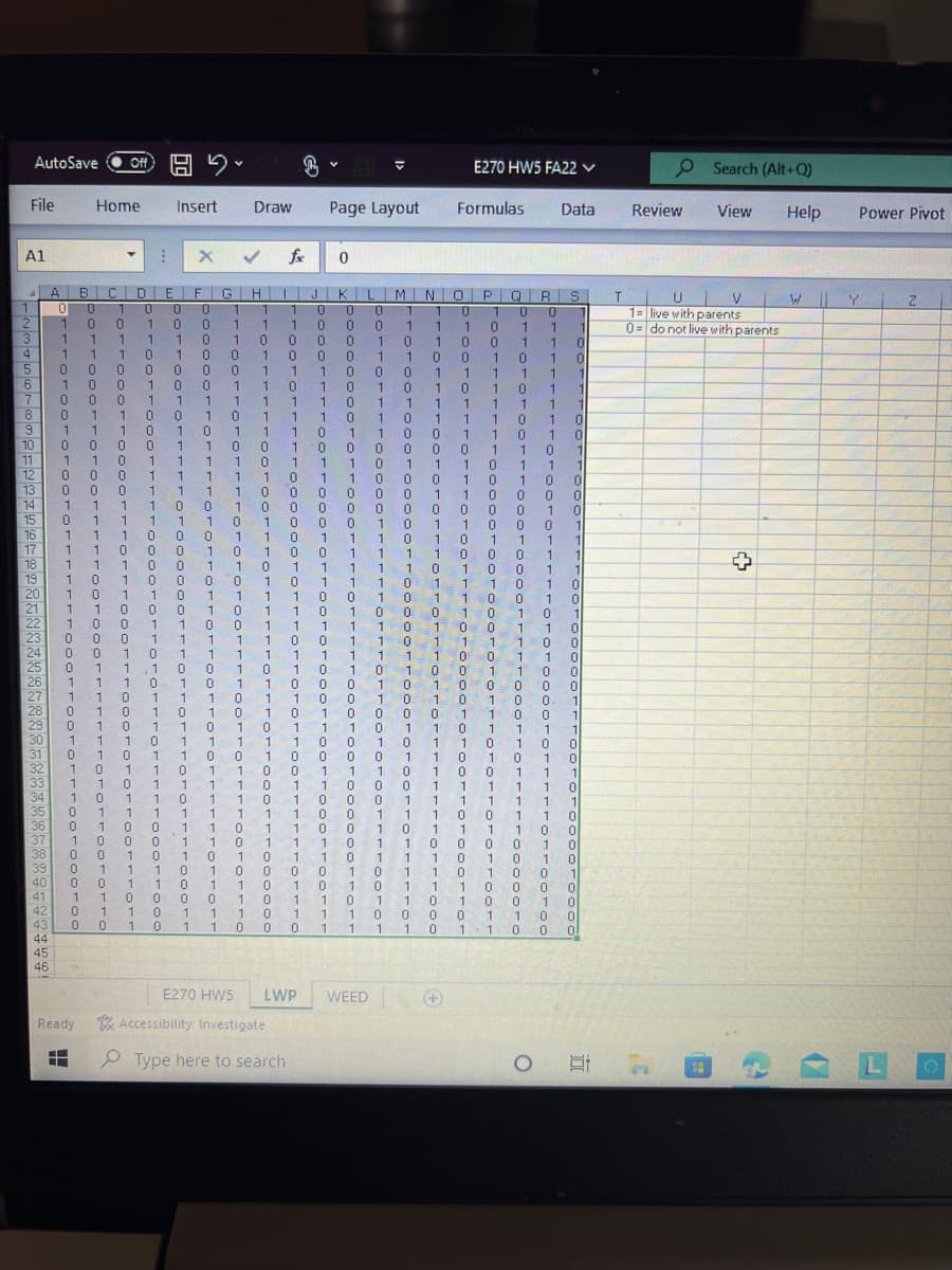 1
A1
3
AutoSave Off H
File
4
5
6
7
8
9
10
11
12
13
14
15
16
17
18
19
20
30
31
32
33
37
3835 40 41 2 3 44 45 46
39
ABC
01 0
1
1
42
43
1
0
1
0
1
0
21 1
1
22 1 0
23
24
25
26
28
0
0
0
Home
1 1 1 0
1
0
0
1
1
0
0
1
I
C
1
0
I
1 1 1 0
CDEFGH
1 0 0 0
0 0 1 0
0
10
1 1 0 1 0 0
1
1 1
100
0
0 1
1 0
1 0 1 1
1001 1
1
1
1
1 1 0 1 0 0 1 0 0 0 1 1 0 0 1 0 1
00
0 1 1
0 0 1 1 1 1 0 0 1/
0
0
0
0
1
0
0
0
1
1
1
1
1
0070
1 1 0
1
0
1
0
1
1 0
1
1
1
1
1 1
1
1
0
1
1
1
1
1
1
1
1 1 0 0 1 0 1 1 1 0 1 0 1 1 1 0 1
0
0 0
1
1 1
1 1
Ready
1 0
1 0
1 0
0
1 1 1 0 1 0 1 1 1 0 1 1 0 0 1 1 0 1
0
0
0
0
1
1
00
0
0
000
1
1
0
1
1 0
1
1
1
1
0
1
1
1 0
1
1
1
0
1
1 1
0 0 0 1 1 1 1 1 0 1 1 0 0 0 1 0 1 0 0
0 0
0
1
1
1
1
0
0
0
1
1 1
1
0
0
1
0
0
0
0 1
1
1
1
0
0
0
0
0
1
1
1 1 0
1 0 1
0
0 0
1
0
1
1
0
Insert
1
0
0
0
1
1
1 1 1
1
0
1
X ✔ fx 0
1 1 0 0
0 1
1
0
0
0
1
0
0
1
1
1
0
1
1
0
0
1 0
1
1 1 1 0 1 1 1 0 0 0 1
1
1
1
1
0
0 1
1
1
1
1
1
0
1
1
1 0 1 0 0 0 0 1 0 1 1 1 0 1 1 1 0 1 0
1
0
1
0
0
GHIJKLMNOP
0
1 0 0
00
1
1
1
0
0
1
1 0 1 1
1
1 1
1
1
1
Draw Page Layout
1 0 0 0 1 1 0
0
0 1
0
0
1
0
1 0
1
0
1
1
0 1
1
1
1
1
1
0
1
0
1
1
1
1
0
1
0
0
0
V
0
0
0
E270 HW5
Accessibility: Investigate
O Type here to search
1
1
0 1
0
0
1
0
1
0
0
LWP
0
0
0
0
1
1
1
1 1 1 0 1 0 0 0 0 1 0
1 1 0 1 1
1 0
1
1
0
1 0
1
1
0
1
1 0
1 0
1
1
0
0
1
1
34
0 1 0 0 0 1 1 1
35
1
1
0
0
1
1
1
0
36 0 1 0 0 1 1 0 1 1 0 0
1 0
1
1 1
0
1 0
0
0
1
1
0
1
0
1
1
1
WEED
0
0
1
1
0
1
1
1
0
1
1 0
1 0
1 1
1 1 1 1 0 1 1 0 0 0 1 1 1
1
0
1
1
1
1
1
1
0
1
1
0
0 1
0
1
0
1 0
1
0
1
0
1
0 0
0 0
1 1 0
1
1 0 1 0 1 1 1 0 1 1 0 1 1
1 0
1 1 1 1 1 0 0 1 0 1 1 0 1 0
1
1
1
1
1
0
1
1
1
1
1
0
1
0
0 1
1
Formulas
007 1700771007 1
1
1 0
1 0 0 0 0
0
1
1
0
0 0
1
0
0
0
1
0
0
0
1
1
+
0
1
0
0
0
E270 HW5 FA22 ✓
1
1
0
0
0
0
01101010 1 1 0 1 1
1 0
1 0
0
1
0
0
0
0
1
0
1
1
0
1
0
0 1 0
1
0 R S
1
0 0
0
0
0
0
1
0 0
1
1
1
0
1
0
0
1
0
1
1
1
1 0 0
0
1
1
1
1 0
0
1
0
1
0
Data
0
0
0
1
1 1
1
1
1 0
0
O
0
0
0
0
1
1
1 0
0
0
1
0
1
1
0
0
1
1
1
1 0
1
0
0
0 1 0
1
0
0
0
0
0
1
0
1
0 0
0 0 0
T
Review
O Search (Alt+Q)
8 7
View
U
V
1= live with parents
0= do not live with parents
Help
W
Power Pivot
Y
Z
LI