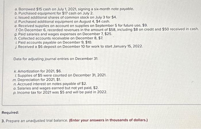 a. Borrowed $15 cash on July 1, 2021, signing a six-month note payable.
b. Purchased equipment for $17 cash on July 2.
c. Issued additional shares of common stock on July 3 for $4.
d. Purchased additional equipment on August 4, $4 cash.
e. Received supplies on account on supplies on September 5 for future use. $9.
f. On December 6, recorded revenues in the amount of $58, including $8 on credit and $50 received in cash.
g. Paid salaries and wages expenses on December 7, $25.
h. Collected accounts receivable on December 8, $7.
i. Paid accounts payable on December 9, $10.
J. Received a $6 deposit on December 10 for work to start January 15, 2022.
Data for adjusting journal entries on December 31:
k. Amortization for 2021, $6.
1. Supplies of $5 were counted on December 31, 2021.
m. Depreciation for 2021, $1.
n. Accrued interest on notes payable of $2.
o. Salaries and wages earned but not yet paid, $2.
p. Income tax for 2021 was $5 and will be paid in 2022.
Required:
3. Prepare an unadjusted trial balance. (Enter your answers in thousands of dollars.)