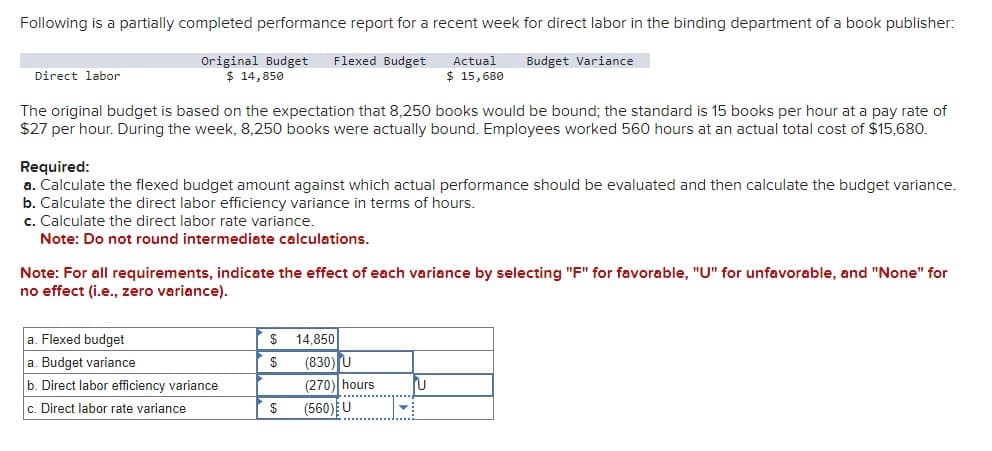 Following is a partially completed performance report for a recent week for direct labor in the binding department of a book publisher:
Original Budget Flexed Budget
$ 14,850
Budget Variance
Direct labor
The original budget is based on the expectation that 8,250 books would be bound; the standard is 15 books per hour at a pay rate of
$27 per hour. During the week, 8,250 books were actually bound. Employees worked 560 hours at an actual total cost of $15,680.
Required:
a. Calculate the flexed budget amount against which actual performance should be evaluated and then calculate the budget variance.
b. Calculate the direct labor efficiency variance in terms of hours.
c. Calculate the direct labor rate variance.
Note: Do not round intermediate calculations.
Note: For all requirements, indicate the effect of each variance by selecting "F" for favorable, "U" for unfavorable, and "None" for
no effect (i.e., zero variance).
a. Flexed budget
a. Budget variance
b. Direct labor efficiency variance
c. Direct labor rate variance
$ 14,850
$
Actual
$ 15,680
$
(830) U
(270) hours
(560) U
U