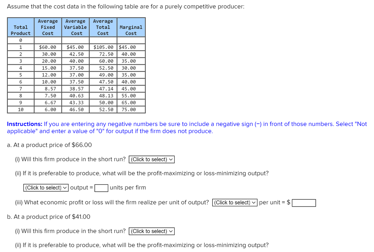 Assume that the cost data in the following table are for a purely competitive producer:
Average
Average
Average
Total
Fixed
Variable
Total
Marginal
Product
Cost
Cost
Cost
Cost
1
$60.00
$45.00
$105.00
$45.00
2
30.00
42.50
72.50
40.00
3
20.00
40.00
60.00
35.00
4
15.00
37.50
52.50
30.00
5
12.00
37.00
49.00
35.00
10.00
37.50
47.50
40.00
7
8.57
38.57
47.14
45.00
8
7.50
40.63
48.13
55.00
9
6.67
43.33
50.00
65.00
10
6.00
46.50
52.50
75.00
Instructions: If you are entering any negative numbers be sure to include a negative sign (-) in front of those numbers. Select "Not
applicable" and enter a value of "0" for output if the firm does not produce.
a. At a product price of $66.00
(i) Will this firm produce in the short run? (Click to select)
(ii) If it is preferable to produce, what will be the profit-maximizing or loss-minimizing output?
(Click to select) output
units per firm
(iii) What economic profit or loss will the firm realize per unit of output? (Click to select) v per unit = $
b. At a product price of $41.00
(i) Will this firm produce in the short run? (Click to select)
(ii) If it is preferable to produce, what will be the profit-maximizing or loss-minimizing output?
