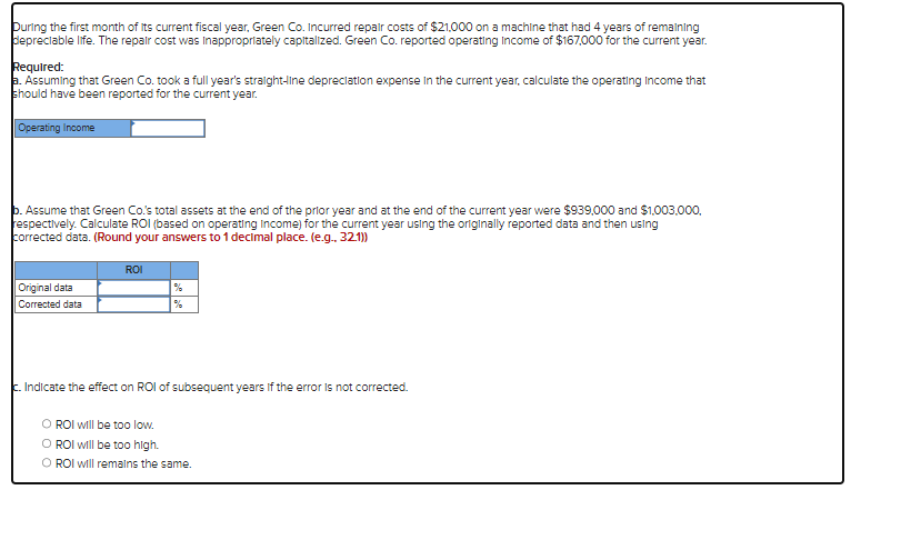 During the first month of its current fiscal year, Green Co. Incurred repair costs of $21,000 on a machine that had 4 years of remaining
depreciable life. The repair cost was inappropriately capitalized. Green Co. reported operating Income of $167,000 for the current year.
Required:
a. Assuming that Green Co. took a full year's straight-line depreciation expense in the current year, calculate the operating Income that
should have been reported for the current year.
Operating Income
b. Assume that Green Co.'s total assets at the end of the prior year and at the end of the current year were $939,000 and $1,003,000,
respectively. Calculate ROI (based on operating Income) for the current year using the originally reported data and then using
corrected data. (Round your answers to 1 decimal place. (e.g.. 32.1))
Original data
Corrected data
ROI
c. Indicate the effect on ROI of subsequent years if the error is not corrected.
O ROI will be too low.
O ROI will be too high.
O ROI will remains the same.
