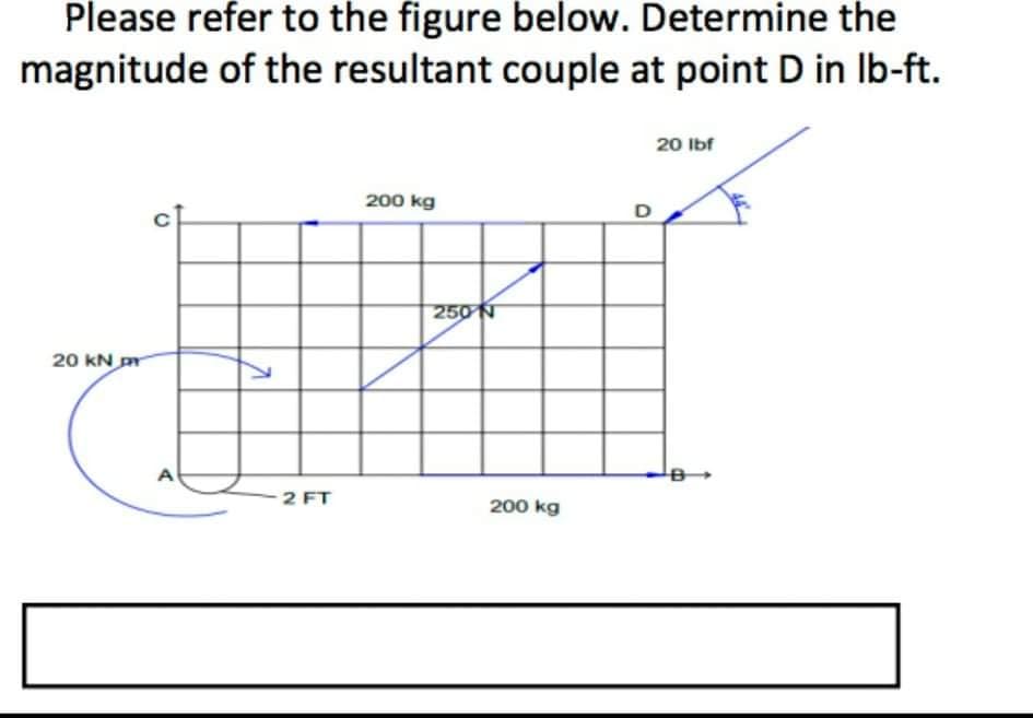 Please refer to the figure below. Determine the
magnitude of the resultant couple at point D in Ib-ft.
20 Ibf
200 kg
250 N
20 KN pr
A
2 FT
200 kg
