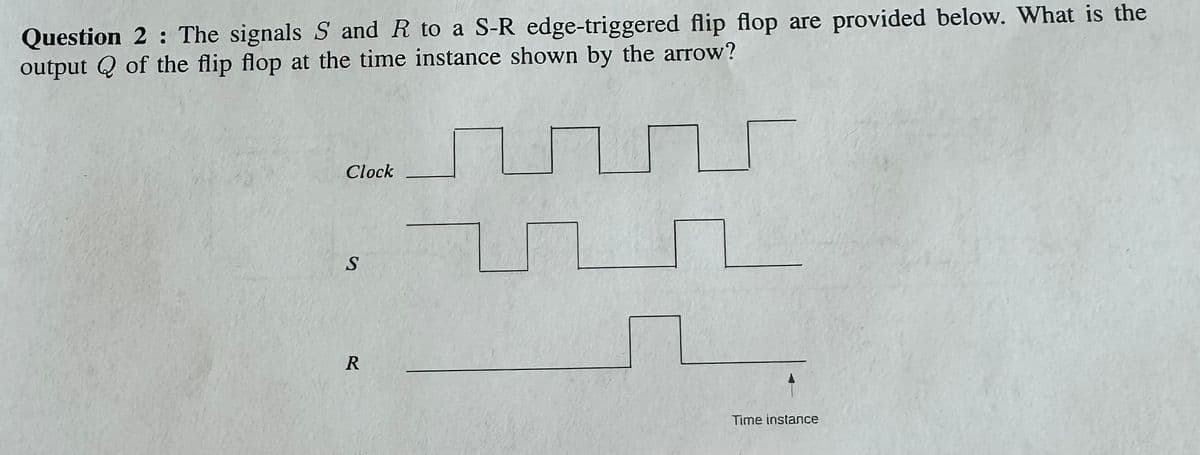 Question 2: The signals S and R to a S-R edge-triggered flip flop are provided below. What is the
output Q of the flip flop at the time instance shown by the arrow?
R
S
Clock
Time instance