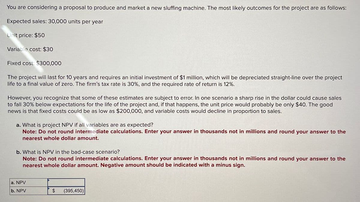 You are considering a proposal to produce and market a new sluffing machine. The most likely outcomes for the project are as follows:
Expected sales: 30,000 units per year
Unit price: $50
Variable cost: $30
Fixed cost: $300,000
The project will last for 10 years and requires an initial investment of $1 million, which will be depreciated straight-line over the project
life to a final value of zero. The firm's tax rate is 30%, and the required rate of return is 12%.
However, you recognize that some of these estimates are subject to error. In one scenario a sharp rise in the dollar could cause sales
to fall 30% below expectations for the life of the project and, if that happens, the unit price would probably be only $40. The good
news is that fixed costs could be as low as $200,000, and variable costs would decline in proportion to sales.
a. What is project NPV if all variables are as expected?
Note: Do not round intermediate calculations. Enter your answer in thousands not in millions and round your answer to the
nearest whole dollar amount.
b. What is NPV in the bad-case scenario?
Note: Do not round intermediate calculations. Enter your answer in thousands not in millions and round your answer to the
nearest whole dollar amount. Negative amount should be indicated with a minus sign.
a. NPV
b. NPV
$
(395,450)