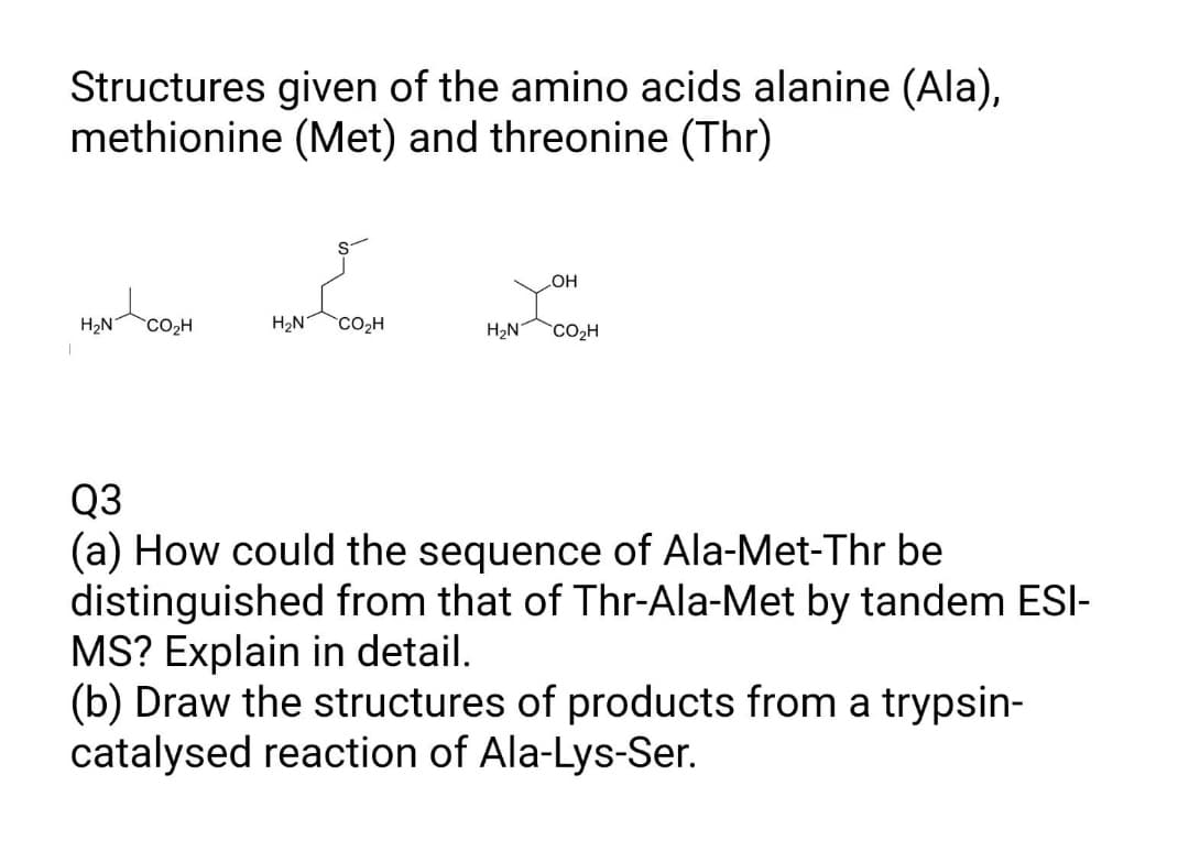 Structures given of the amino acids alanine (Ala),
methionine (Met) and threonine (Thr)
yOH
H2N
CO2H
H2N CO2H
H2N
`CO2H
Q3
(a) How could the sequence of Ala-Met-Thr be
distinguished from that of Thr-Ala-Met by tandem ESI-
MS? Explain in detail.
(b) Draw the structures of products from a trypsin-
catalysed reaction of Ala-Lys-Ser.
