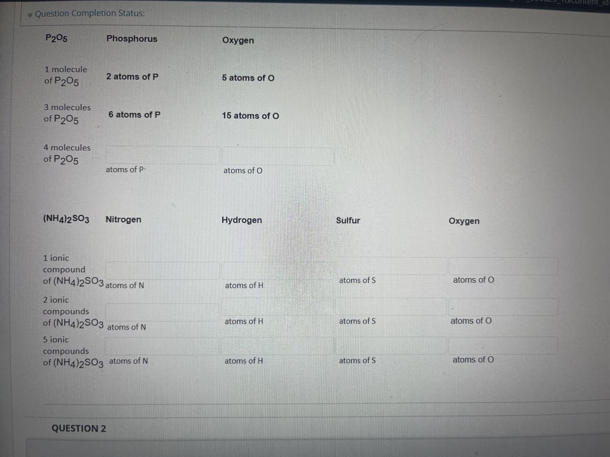 Question Completion Status:
P205
Phosphorus
Oxygen
1 molecule
2 atoms of P
5 atoms of O
of P205
3 molecules
of P205
6 atoms of P
15 atoms of O
4 molecules
of P205
atoms of P
atoms of O
(NH4)2SO3
Nitrogen
Hydrogen
Sulfur
Oxygen
1 ionic
compound
of (NH4)2SO3
atoms of S
atoms of O
atoms of N
atoms of H
2 ionic
compounds
of (NH4)2S03 atoms of N
atoms of H
atoms of S
atoms of O
5 ionic
compounds
of (NH4)2SO3 atoms of N
atoms of H
atoms of S
atoms of O
QUESTION 2
