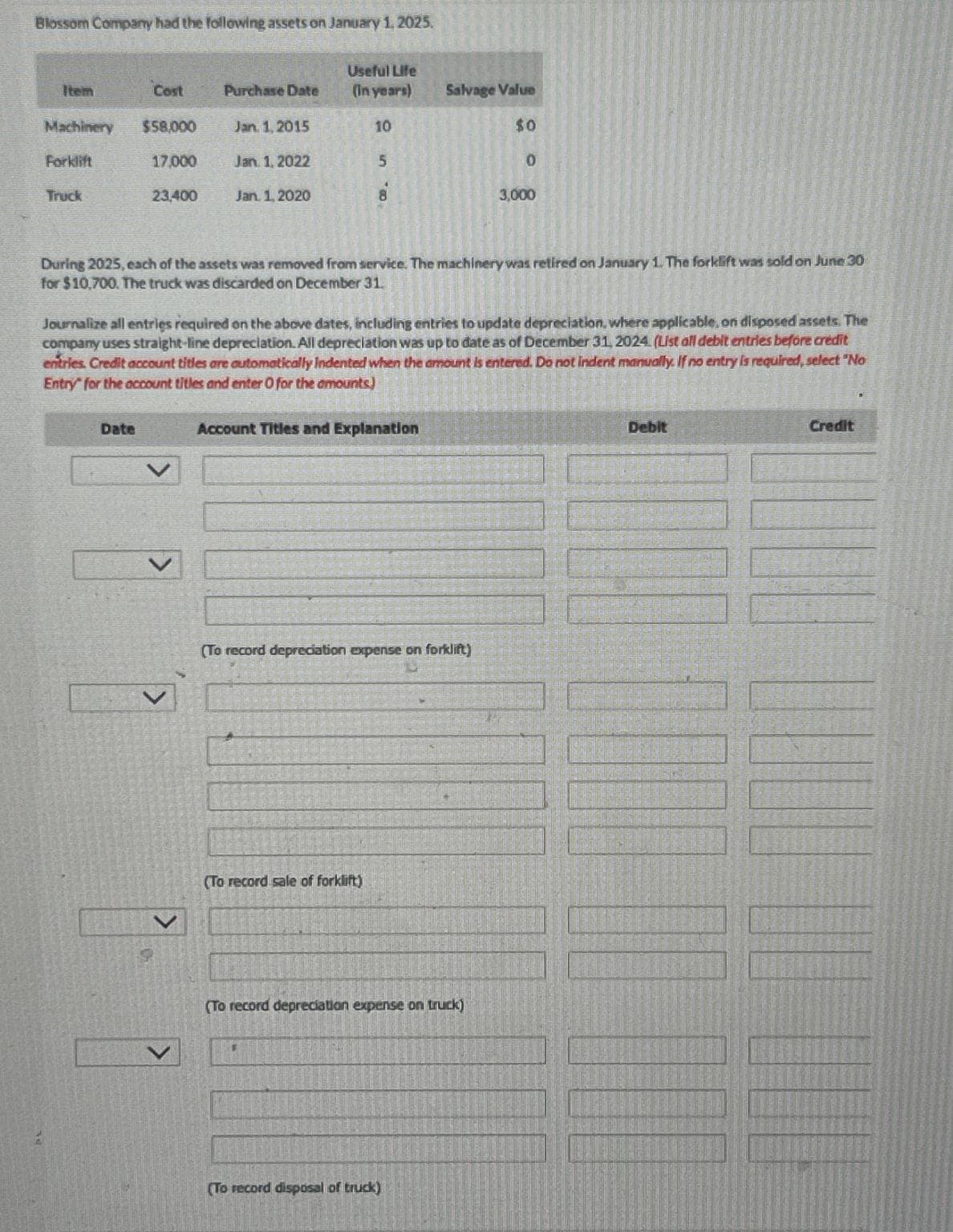 Blossom Company had the following assets on January 1, 2025.
Item
Machinery
Forklift
Truck
Cost
$58,000
17,000
23,400
Date
Purchase Date
Jan 1, 2015
Jan 1, 2022
Jan 1, 2020
Useful Life
(In years)
10
5
Account Titles and Explanation
(To record sale of forklift)
Salvage Value
During 2025, each of the assets was removed from service. The machinery was retired on January 1. The forklift was sold on June 30
for $10,700. The truck was discarded on December 31.
Journalize all entries required on the above dates, including entries to update depreciation, where applicable, on disposed assets. The
company uses straight-line depreciation. All depreciation was up to date as of December 31, 2024. (List all debit entries before credit
entries. Credit account titles are automatically Indented when the amount is entered. Do not indent manually. If no entry is required, select "No
Entry for the account titles and enter O for the amounts)
(To record depreciation expense on forklift)
$0
(To record depreciation expense on truck)
(To record disposal of truck)
0
3,000
Debit
H
111
Credit