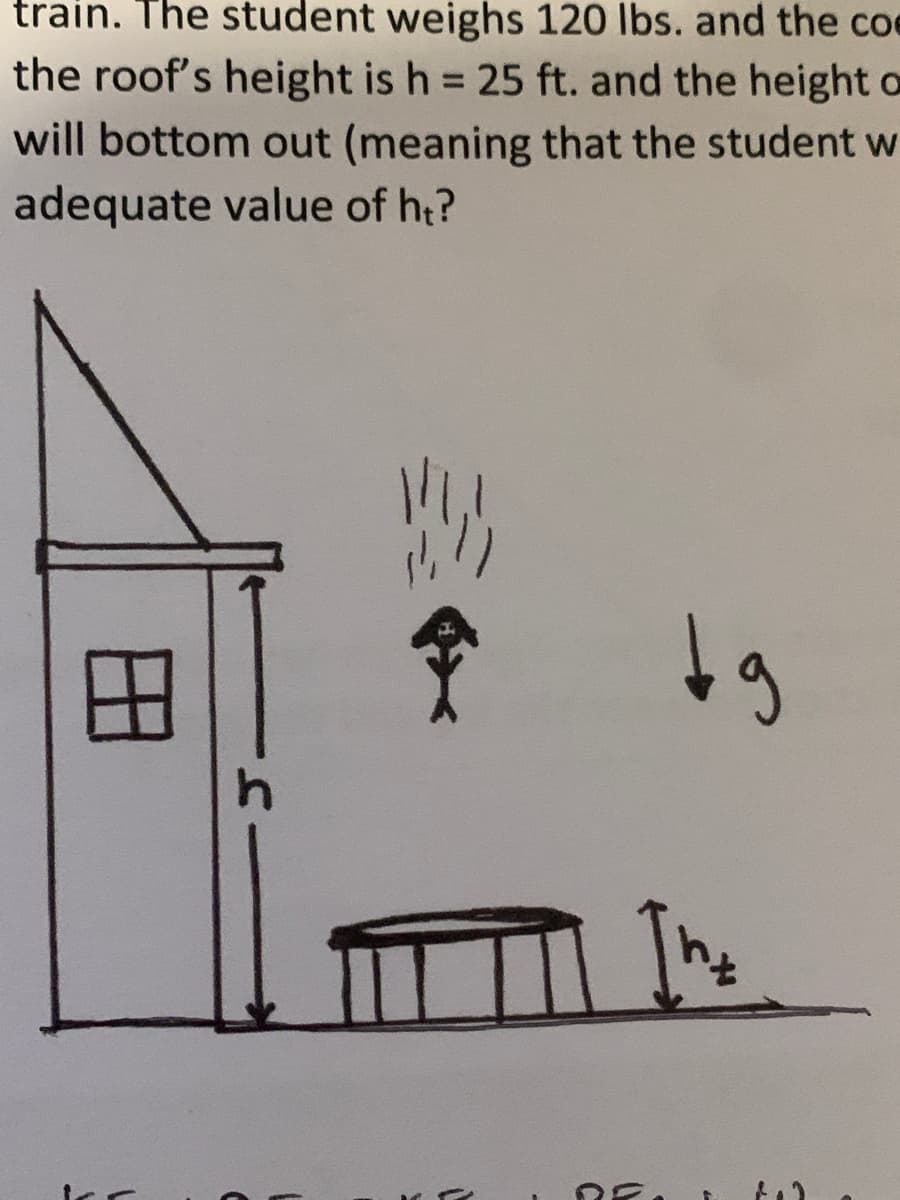 train. The student weighs 120 lbs. and the coe
the roof's height is h 25 ft. and the height o
will bottom out (meaning that the student w
adequate value of h;?
田
In
