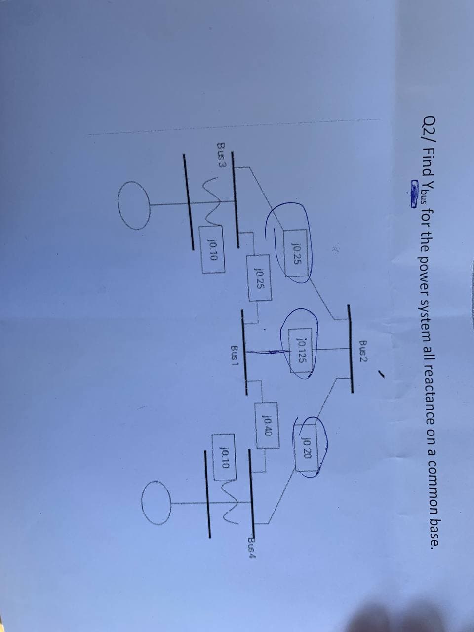 Q2/ Find Yous for the power system all reactance on a common base.
Bus 3
j0.25
j0.10
j0.25
Bus 2
j0.125
Bus 1
j0.40
j0.20
j0.10
Bus 4