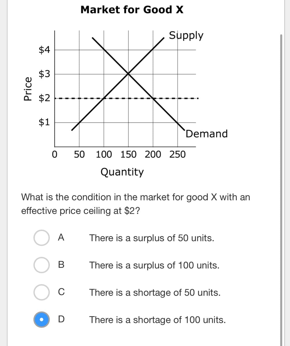 Price
$4
$2
$1
0
A
B
C
Market for Good X
What is the condition in the market for good X with an
effective price ceiling at $2?
D
Supply
X
Demand
50 100 150 200 250
Quantity
There is a surplus of 50 units.
There is a surplus of 100 units.
There is a shortage of 50 units.
There is a shortage of 100 units.