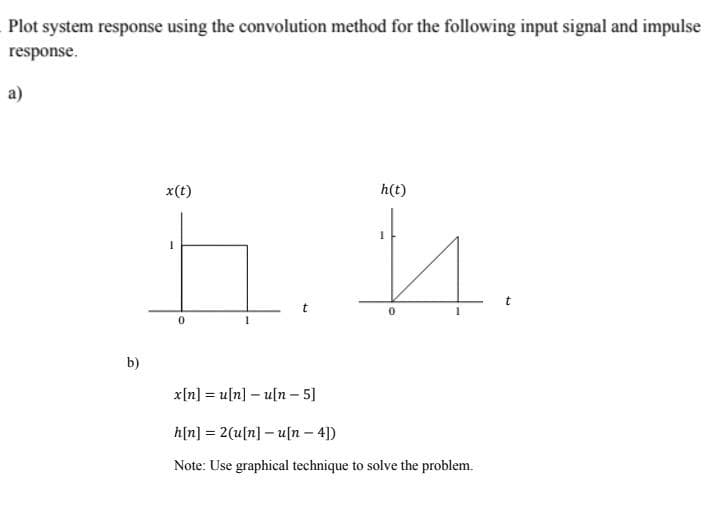 Plot system response using the convolution method for the following input signal and impulse
response.
a)
x(t)
h(t)
b)
x{n] = u[n] – u[n – 5]
h[n] = 2(u[n] – u[n – 4])
Note: Use graphical technique to solve the problem.
