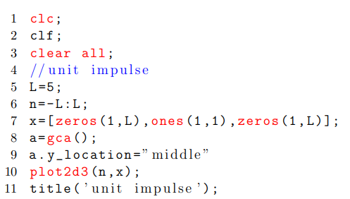 1 clc;
2 clf;
3 clear all;
4 //unit impulse
5 L=5;
6 n=-L: L;
7
x= [zeros (1, L), ones (1,1), zeros (1,L)];
8 a=gca ();
9
a.y_location="middle"
10 plot2d3 (n,x);
11 title('unit impulse ');