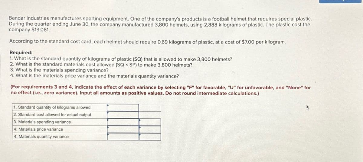 Bandar Industries manufactures sporting equipment. One of the company's products is a football helmet that requires special plastic.
During the quarter ending June 30, the company manufactured 3,800 helmets, using 2,888 kilograms of plastic. The plastic cost the
company $19,061.
According to the standard cost card, each helmet should require 0.69 kilograms of plastic, at a cost of $7.00 per kilogram.
Required:
1. What is the standard quantity of kilograms of plastic (SQ) that is allowed to make 3,800 helmets?
2. What is the standard materials cost allowed (SQ x SP) to make 3,800 helmets?
3. What is the materials spending variance?
4. What is the materials price variance and the materials quantity variance?
(For requirements 3 and 4, indicate the effect of each variance by selecting "F" for favorable, "U" for unfavorable, and "None" for
no effect (i.e., zero variance). Input all amounts as positive values. Do not round intermediate calculations.)
1. Standard quantity of kilograms allowed
2. Standard cost allowed for actual output
3. Materials spending variance
4. Materials price variance
4. Materials quantity variance